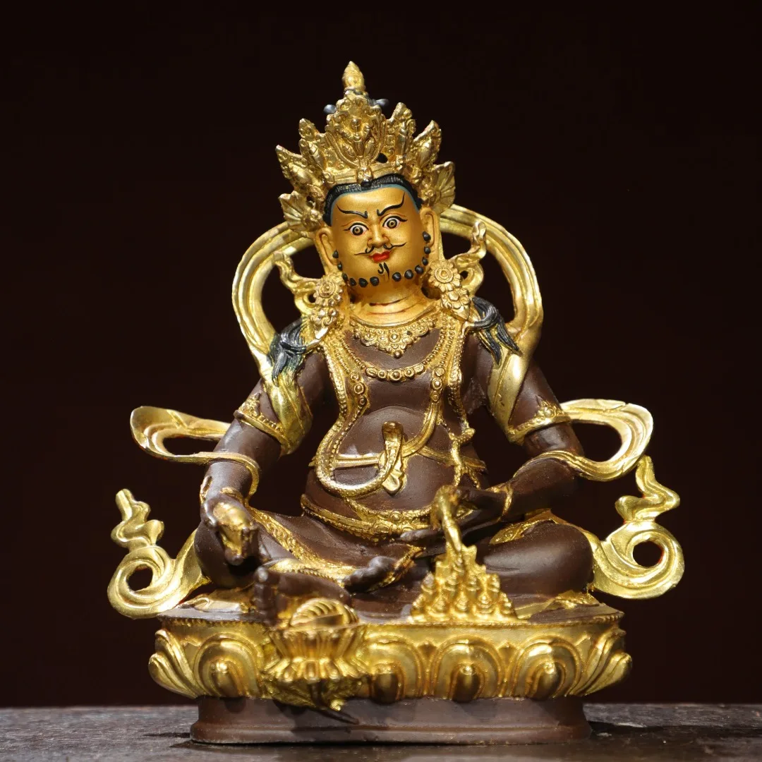Tibetan Temple Collection Old Bronze Gilded Painted Face Yellow Jambhala Sitting Buddha Lotus Platform Worship Hall Town house