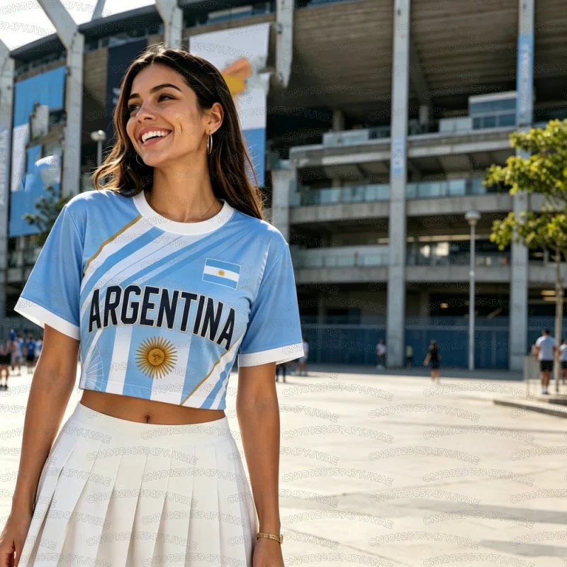 Summer 2026 New Women's Argentina Print Sport Jersey Round Neck Short Sleeve Jersey Cheerleaders Crop Top T-shirt