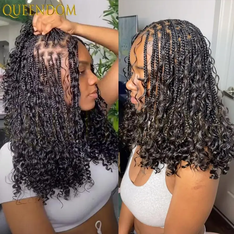 

12-дюймовые короткие плетеные парики в стиле бохо для чернокожих женщин, богемный парик с косой, синтетический парик с полными кружевными косами, искусственные локоны с вьющимися волосами