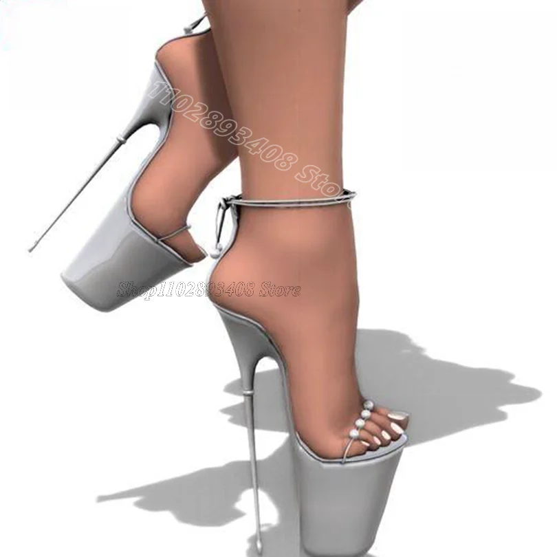 

White Pearl Decor Platform Sandals Metal Heels Ankle Strap Summer Women Party Dress New Fashion Shoes 2024 Zapatos Para Mujere