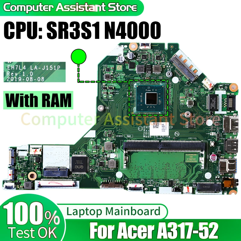 

For ACER A317-52 Laptop Mainboard LA-J151P NBHF211001 SR3S1 N4000 RAM Notebook Motherboard