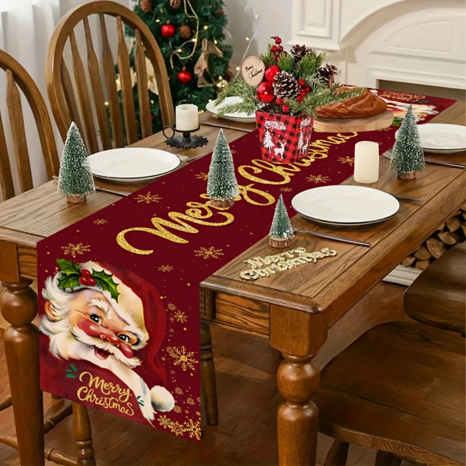 Christmas Table Runner Santa Claus Snowflakes Design Party Decorations for Home Restaurant Dining Room Festive Table Decorations