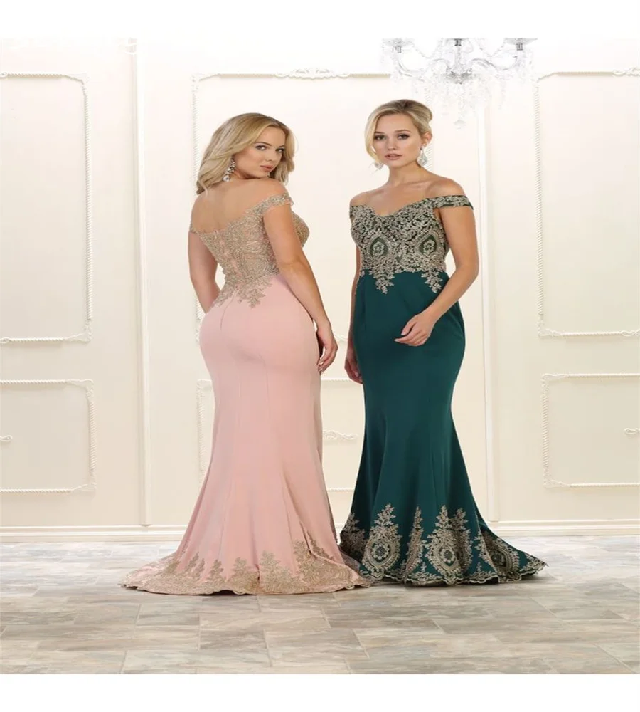 Dark Green Pink Mermaid Evening Dress 2023 Elegant Off Shoulders Satin Prom Dress Gold Appliques Fitted Formal Occasion Party