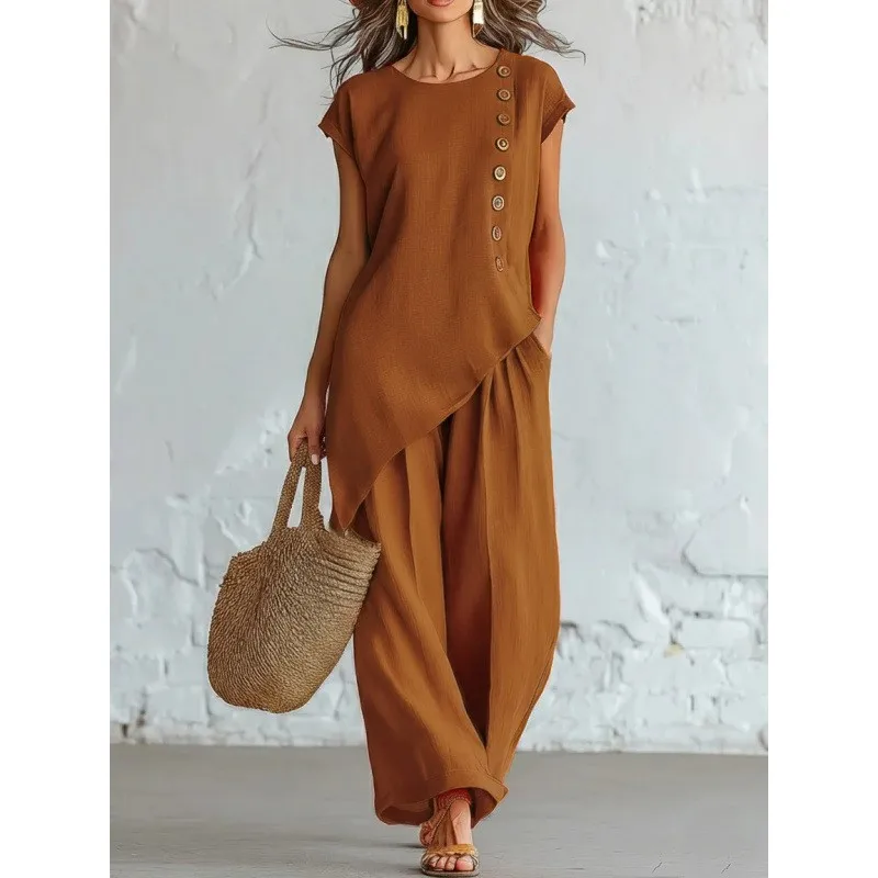 

2026 New Summer Long Pants Set With Button Casual And Loose Daily Commuting Fashionable Comfortable Irregular Hem Long Pants Set