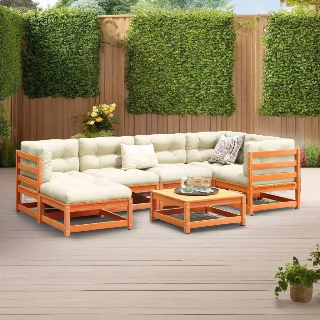 7-Piece Wax Brown Solid Wood Pine Patio Sofa Set – Stylish Outdoor Furniture