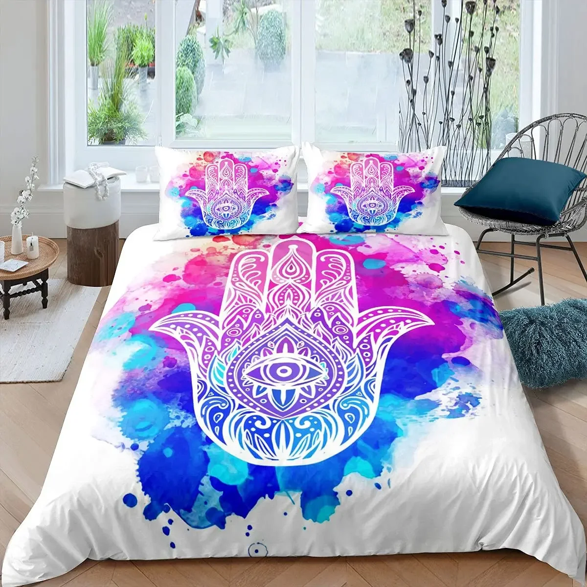 Hamsa Hand Duvet Cover Set King/Queen Size,Golden Lucky Hand of Fatima Print Bohemian Women Black Gold Bedding Set 2 Pillowcases