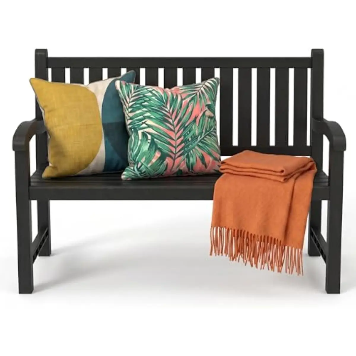 Weatherproof resin bench for two people | modern black outdoor seating | all-season durability against sun rain snow | 47.87 x 3