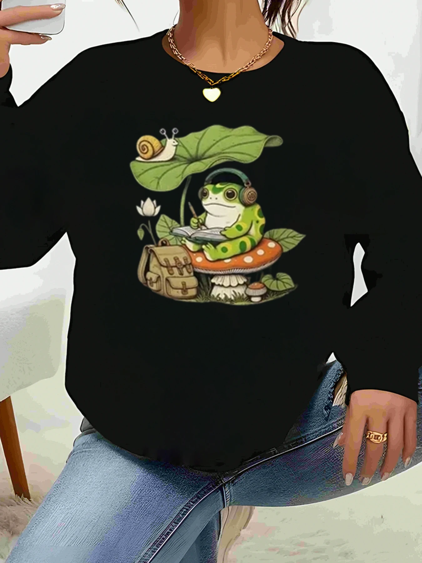 

Толстовка с длинными рукавами и принтом лягушки с наушниками и листьями улитки, осенне-осенняя повседневная одежда для женщин