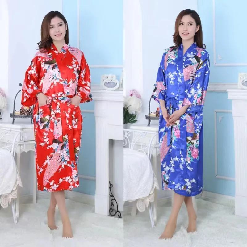 

Plus Size XXXL Chinese Women Long Robe Print Flower Peacock Kimono Bathrobe Gown Bride Bridesmaid Wedding Robes Sexy Sleepwear