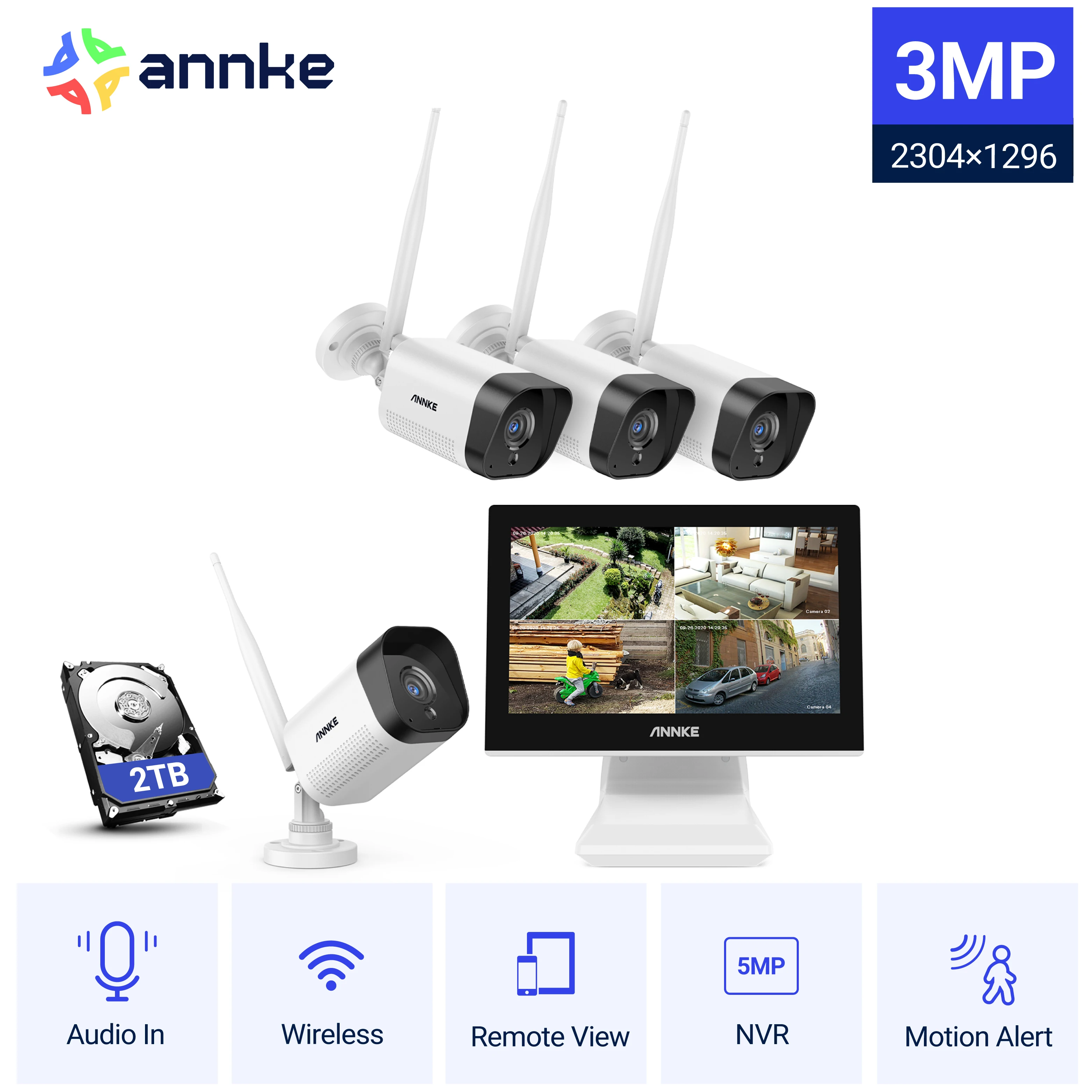 ANNKE 8CH 3MP Full HD WiFi NVR Sistema di videosorveglianza con monitor LCD da 10.1 '' 4 pezzi Telecamera IP da 3 MP Kit telecamera di registrazione audio
