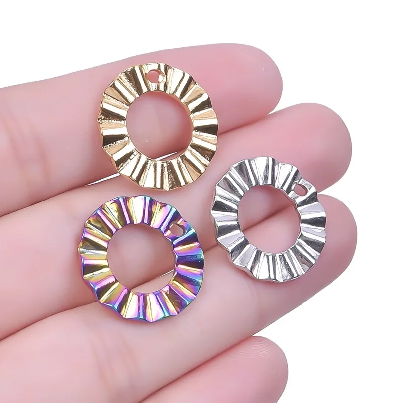 5Pcs DIY 316L Stainless Steel 18X18mm Corrugated Ring Rainbow Silver Gold Color Charms Pendant for Men Women