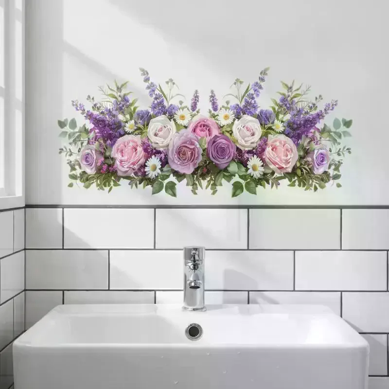 Fresh Floral Rental Friendly Wall Stickers Waterproof Removable Adhesive Decals for Sink Area Bathroom Wall Decor
