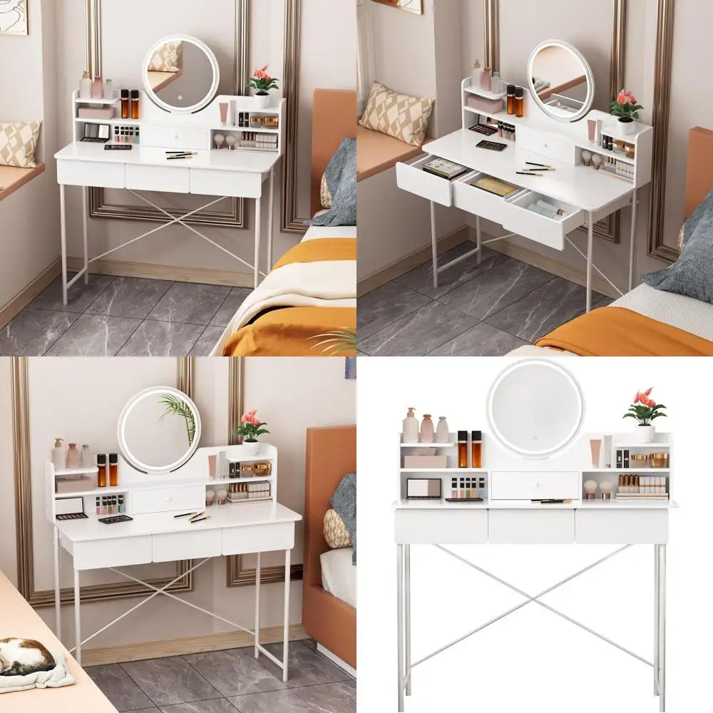 

LED-Illuminated Round Vanity Table with 4 Drawers and Open Shelves, White Makeup Desk with Mirror