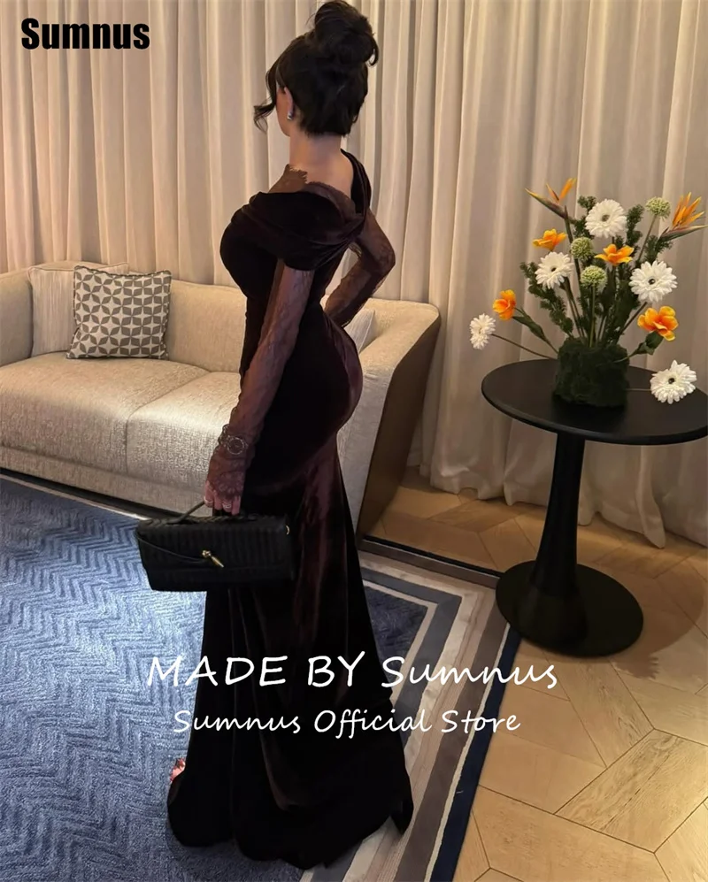 Sumnus Elegant Mermaid Prom Dresses Brown Velvet Lace Sleeveless One Shoulder Pleats Maxi Evening Dress vestido Customized