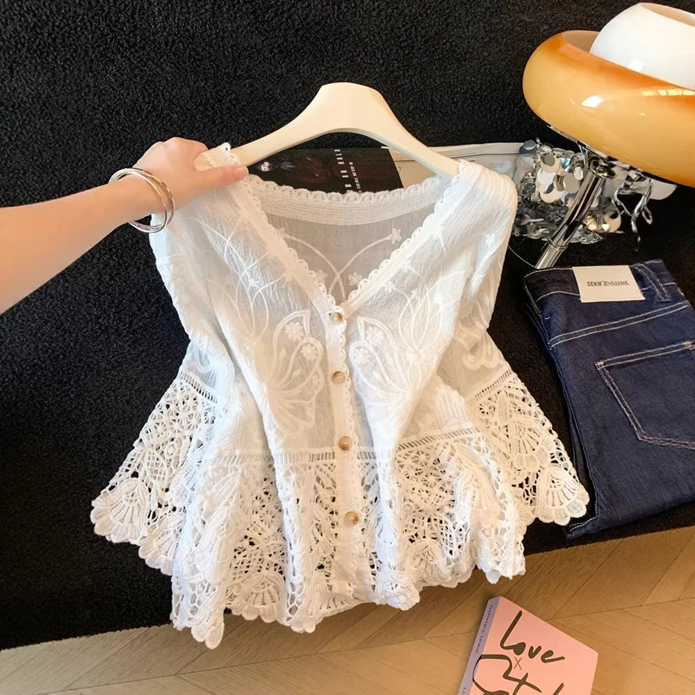 

Hollow Out Embroidery V-neck Women Shirts 2026 New Summer Single Breasted Lace Cardigans Coat Vacation Beach Shawl Tops