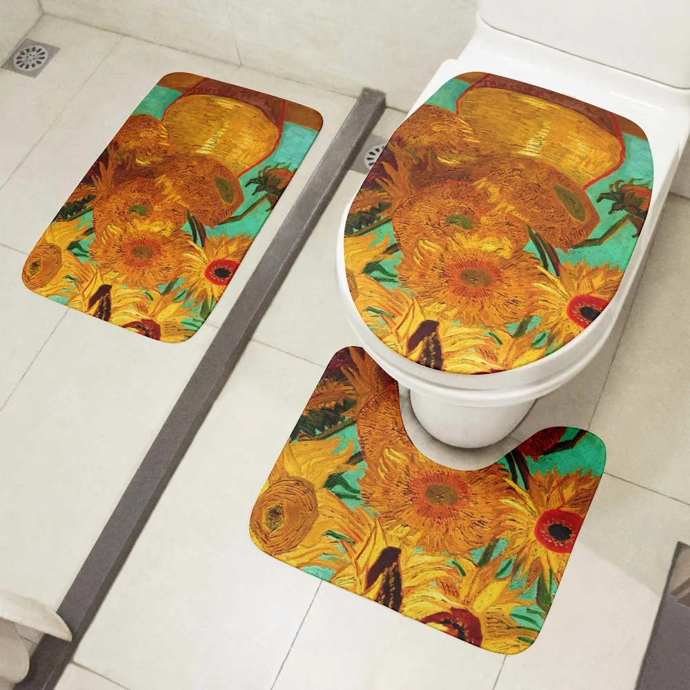 

CLOOCL Toilet Mat Set Van Gogh Oil Painting Sunflower Starry Night Floor Rugs Bathroom Shower Carpet Toilet Cushion Home Decor