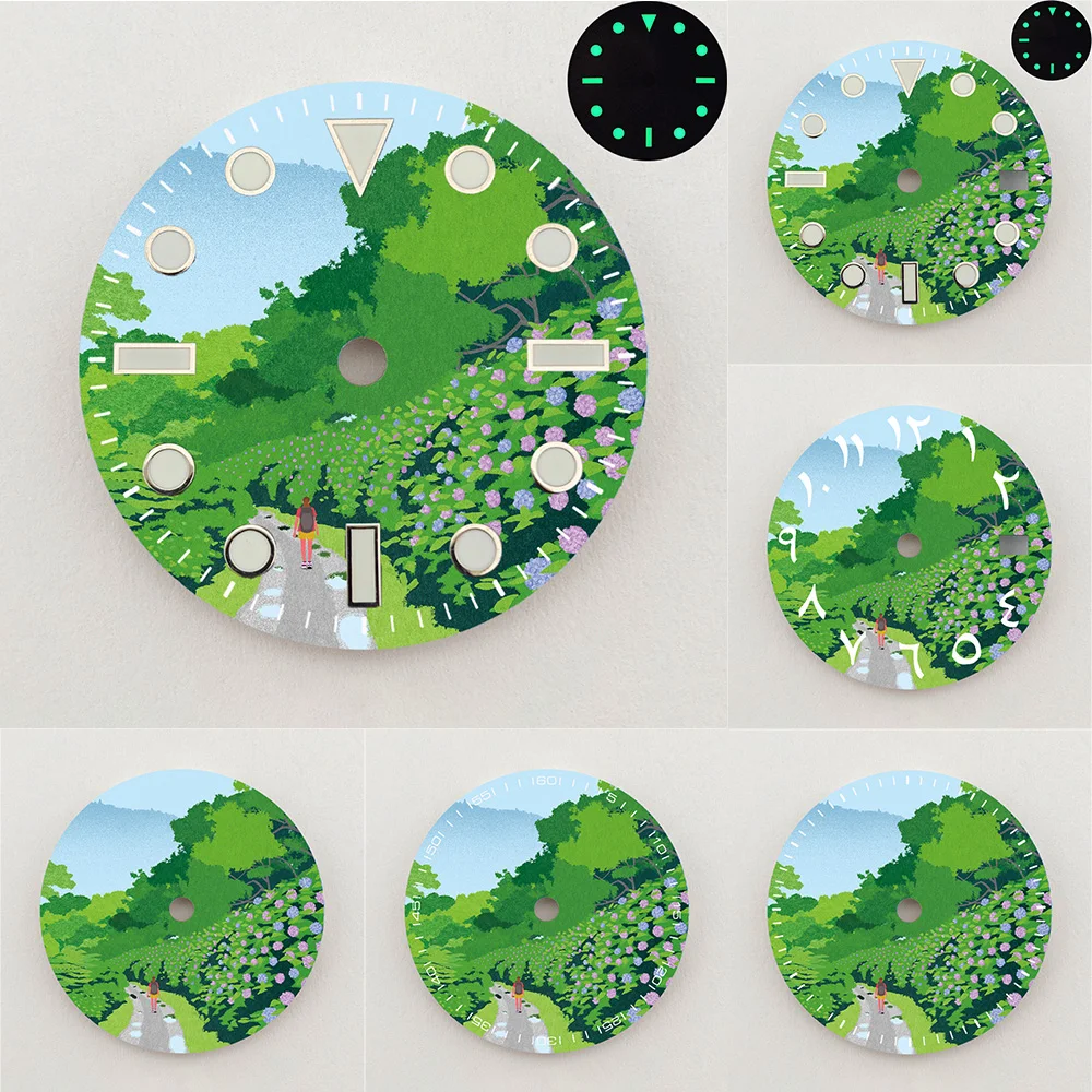 28.5mm NH35 Dial Hiking Trail Scenery Dial Green Luminous Dial Color NH36 Dial Watch Accessories Fits NH35/NH36 Movement