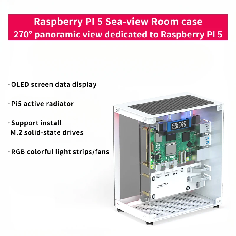 

Raspberry Pi 5 Case Protective Kit with Cooling Fan RGB Color Light and 0.96 Screen Dispaly DIY Electronic shell Support M.2 SSD