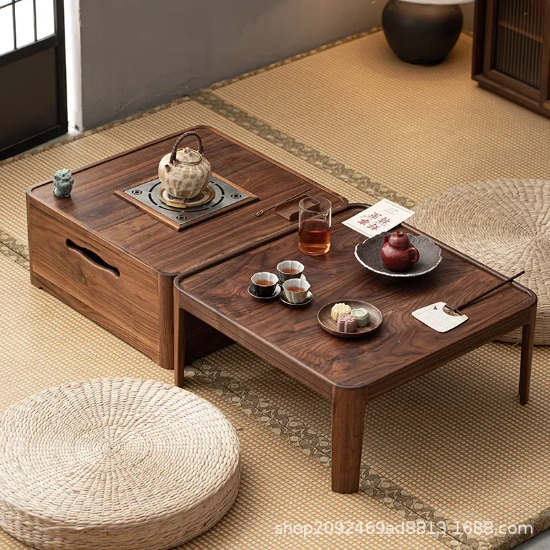 Black Walnut Fireplace Tea Table with Carbon Stove Cassette Gas Electric Heater Fire Bowl Storage Cabinet for Tea Room