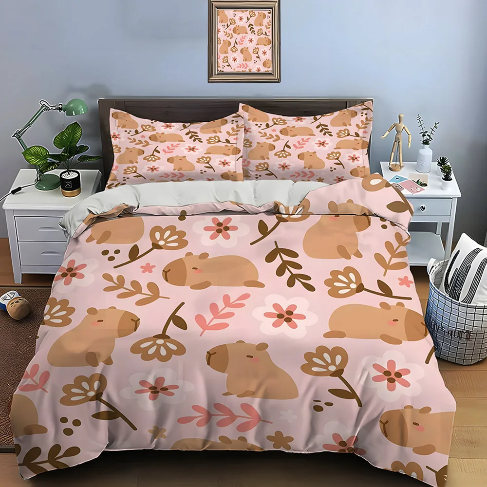Capybara and floral pattern Bedding Set for Kids Luxury Gift 3pcs Digital Print Comforter Set Soft Comfortable Breathable