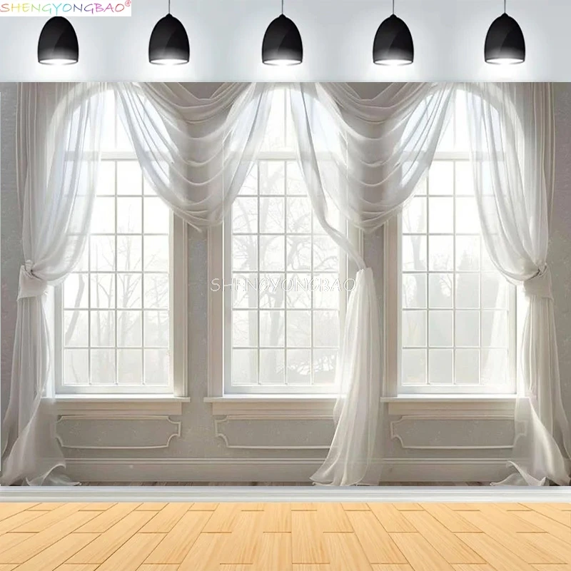 

Backlit White Window Photography Background Curtain Interior Adult Birthday Party Pregnant Decor Elegant Drapes Backdrop DR-01