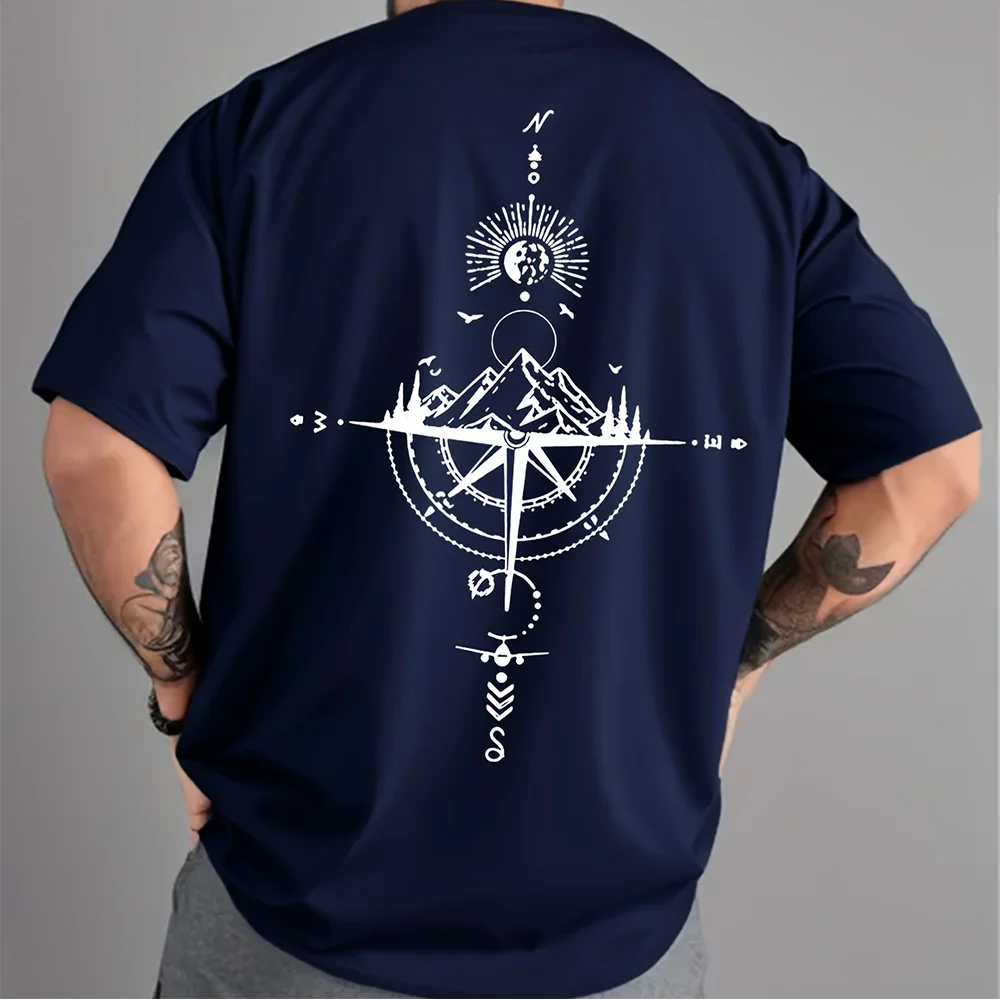 2026 New Original Design Summer Men's 100% Cotton Casual Sports Fitness Loose Retro Compass Print Crew Neck Short Sleeve T-Shirt