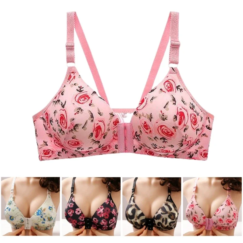 xgnvpy New front button rose print bra without underwire comfort women\'s push-up adjuster side breast bra cover