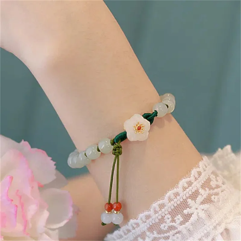 Elegant Round Jade Korean Style Bracelets White Color Peach Blossom Bracelets For Women Party Gifts Fashion Jewelry Accessories