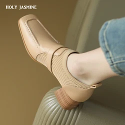 2023 Classic Spring Women's Shoes Genuine Leather Patchwork Square Toe Chunky Mid Heel Shoes Women Concise Pumps Luxury Shoes