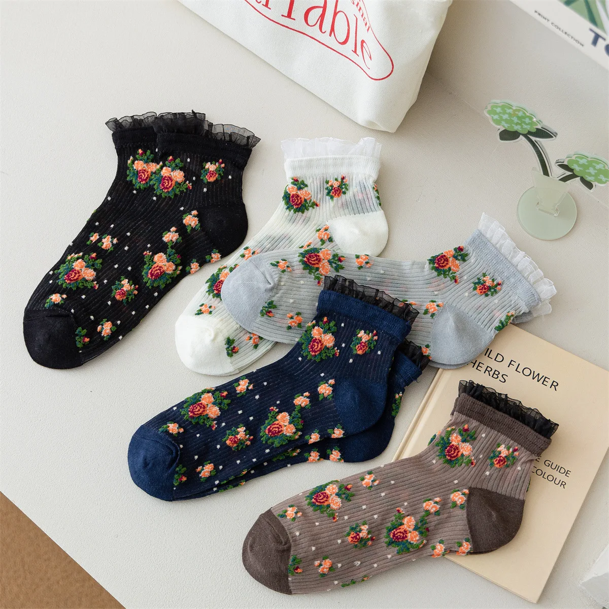 Crystal Silk Socks Women Summer Ultra-thin Transparent Low Cut Ankle Socks Floral Embroidery JK Lolita Kawaii Lace Ruffle Socks