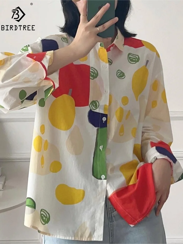 

New Spring Cotton Loose Shirt Women Long Sleeve Funny Printed Tops Girl Simple Fashion Casual Blouses 2024 Autumn T45224QM