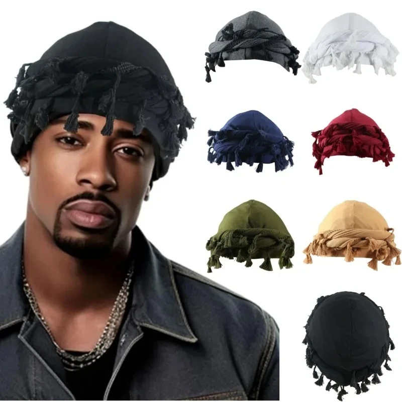 Men Hat Punk Burr Trim Twisted Tail Fringe Cotton Bandana Hat Hop Turban Hats Head Wrap Beanie Cap Solid Color Docker Hat