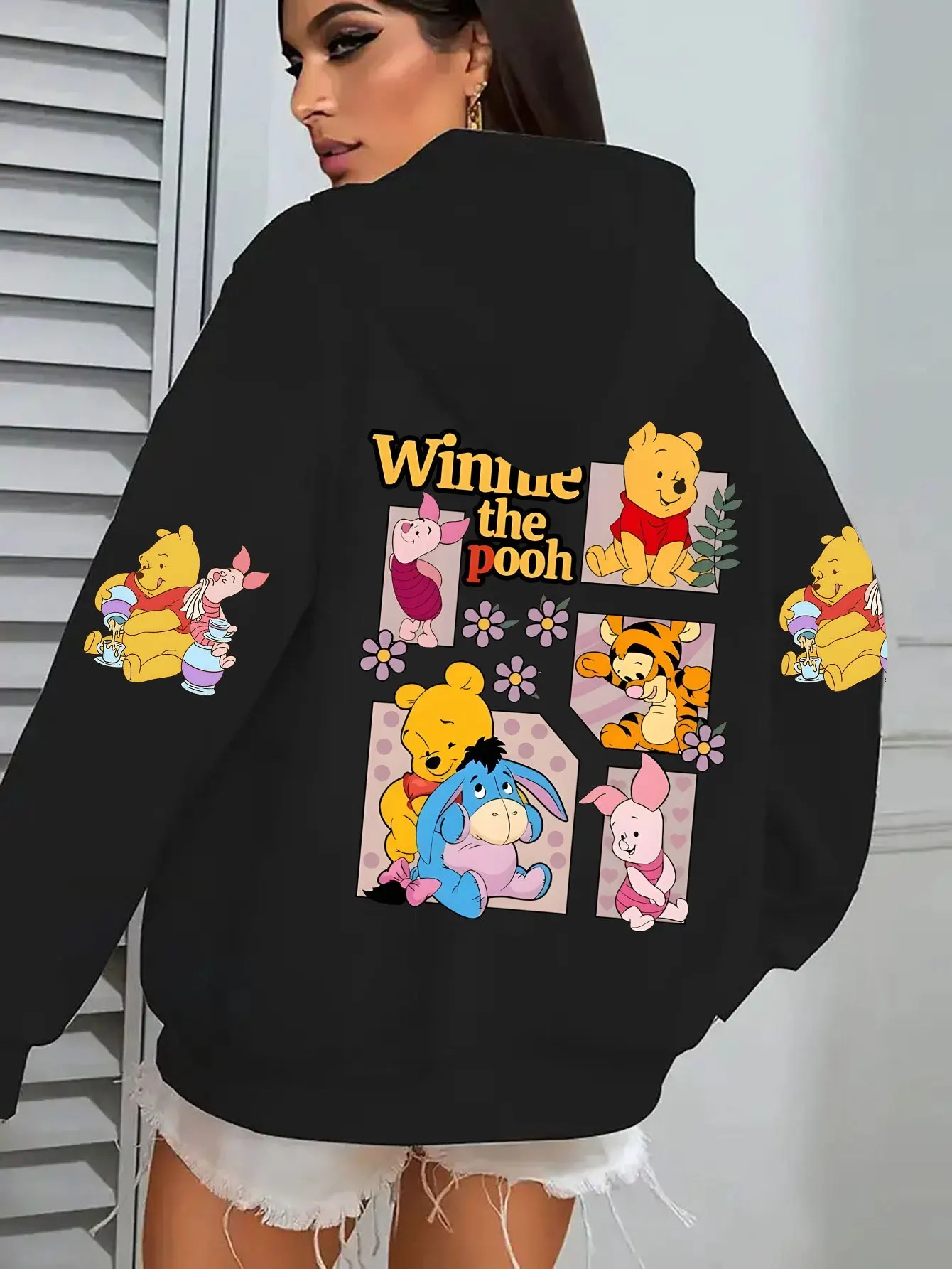 Disney Winnie and Friends Damen-Sweatshirt mit bedrucktem Muster, modisch und bequem, langärmelig, lässig, mit Kapuze