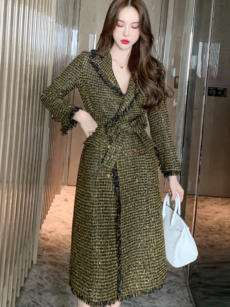 Winter Retro Women Coat Green Gold Silk Plaid Tweed Notched Collar Tassel Single Breasted Belt Long Thick Jacket Elegant Clothes