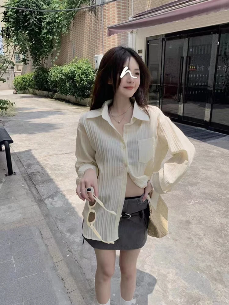 Loose Long Sve  Collar Salt Series irt Women's Summer Casual Faionable Top Pure Color Sun Protection Loose Fit
