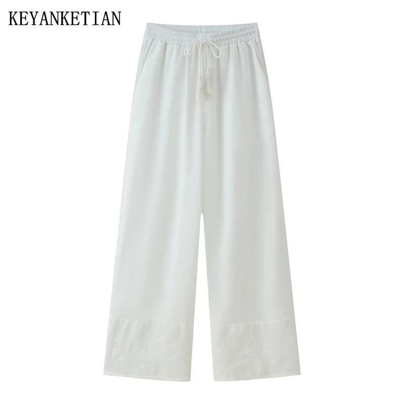 

KEYANKETIAN 2022, осенние новые прямые брюки с кисточками на шнуровке и вышивкой в стиле пэчворк, женские базовые свободные повседневные длинные брюки белого цвета