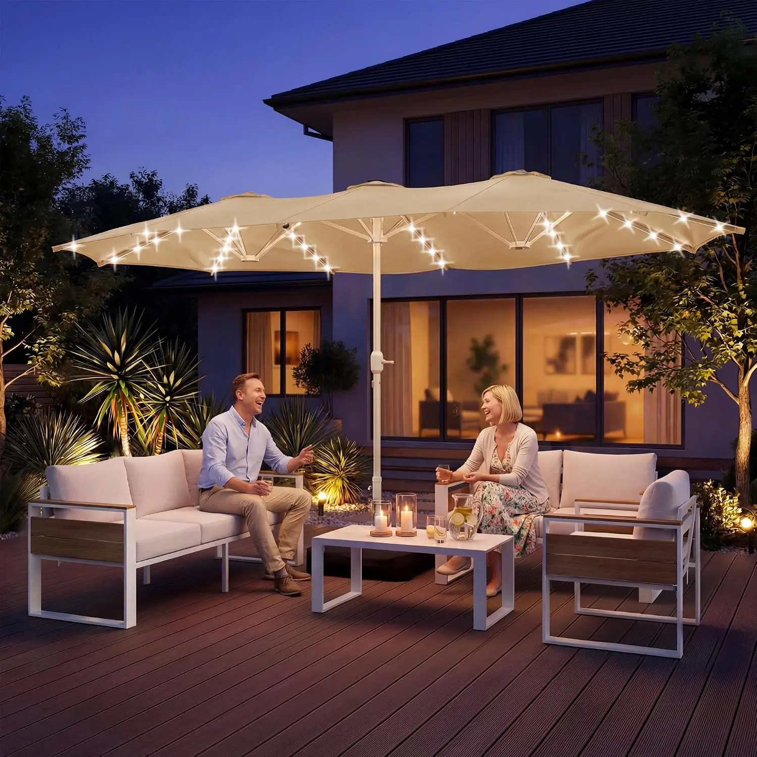 15ft Large Rectangular Outdoor Umbrella with Base,Champagne | Triple Umbrella Outdoor Patio with Solar Lights, Customized