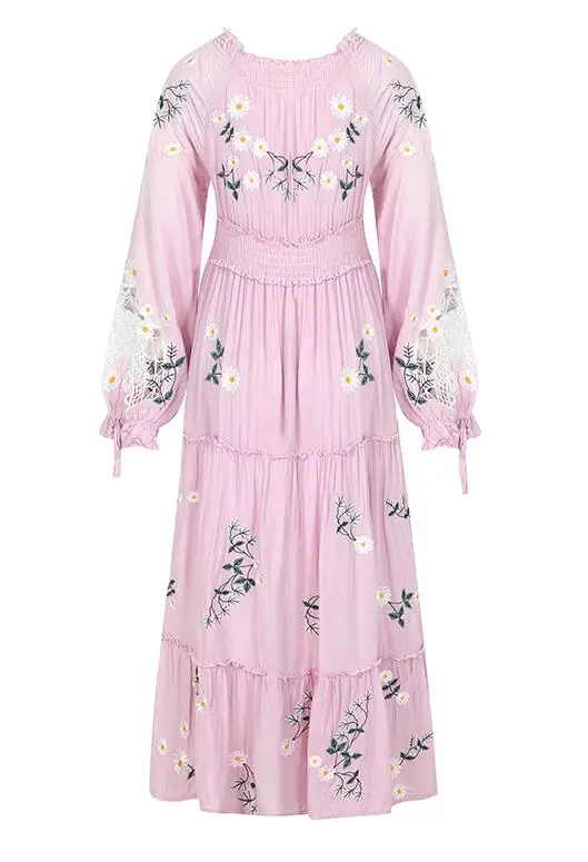 TEELYNN abito Boho floreale con ricamo rosa per donna abiti Casual a maniche lunghe 2023 abiti Vintage larghi a vita alta Boho Robe