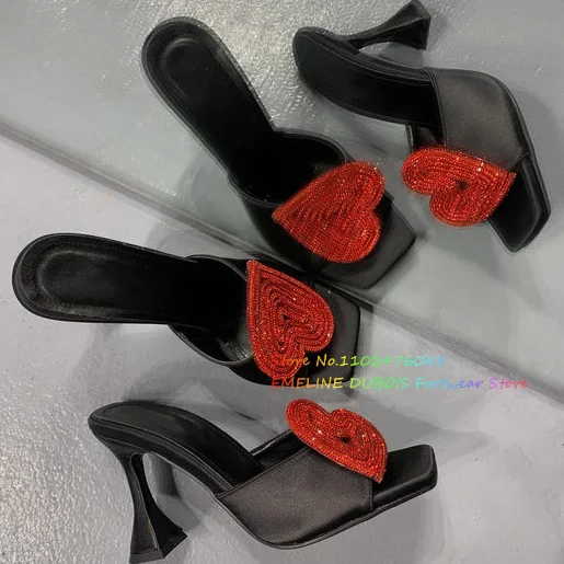 Black Stain High Heel Mules Women Square Toe Red Crystal Heart Shape Decoration Slippers Summer Outside Slide Shoes