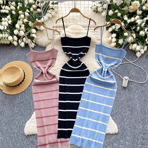 2025 nuevo verano Sexy mujer sin mangas vestido de punto con tirantes Spaghetti estampado a rayas elástico ceñido al cuerpo Maxi vestido largo