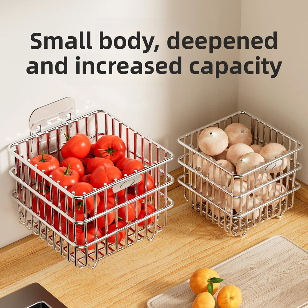 Stainless Steel Wall Hanging Fruit Basket Kitchen Onion Potato Quick & Easy Installation For Bathroom & Utility Room Storage