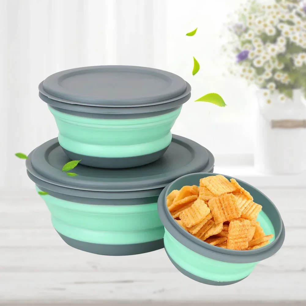 

Foldable Salad Bowl 3Pcs/Set Folding Lunch Box Tableware Set Portable Silicone Food Container with Lid Folding Bowl