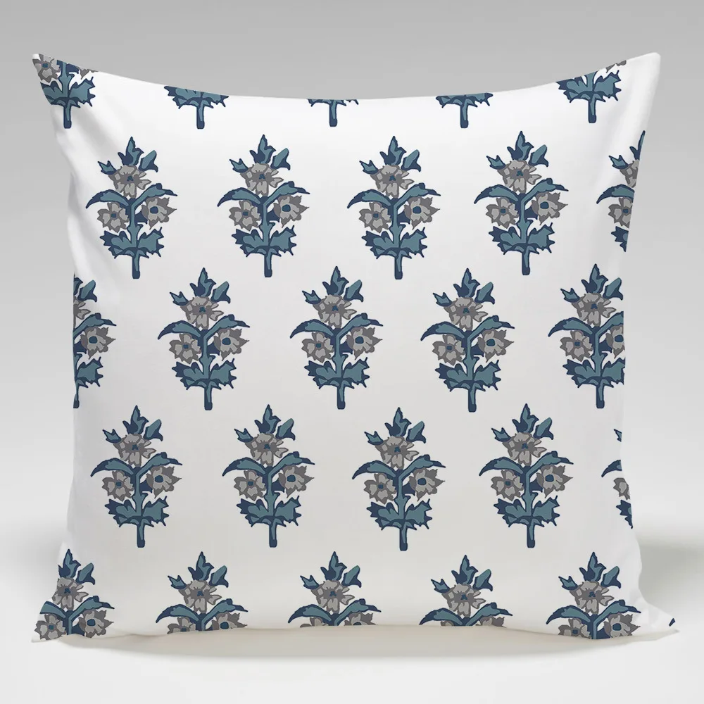 Blue-green flower and leaf pattern throw pillow cover with short plush print for living room sofa decoration cushion cover