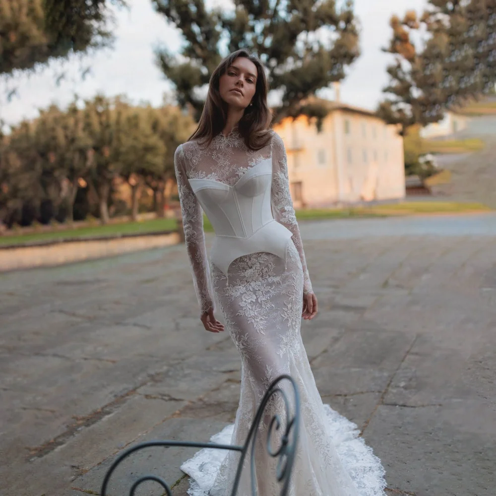 

Customized Sexy Lace Up Wedding Dresses O Neck For Women Charming Long Sleeve Lace Applique Bridal Gown Vestidos De Novia