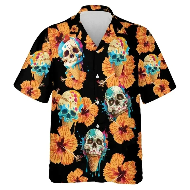 Colorful Ice Cream Pattern Hawaiian Shirt For Men Skull Popsicle 3D Printed Short Sleeves Summer Street Blouse Surf Aloha Shirts