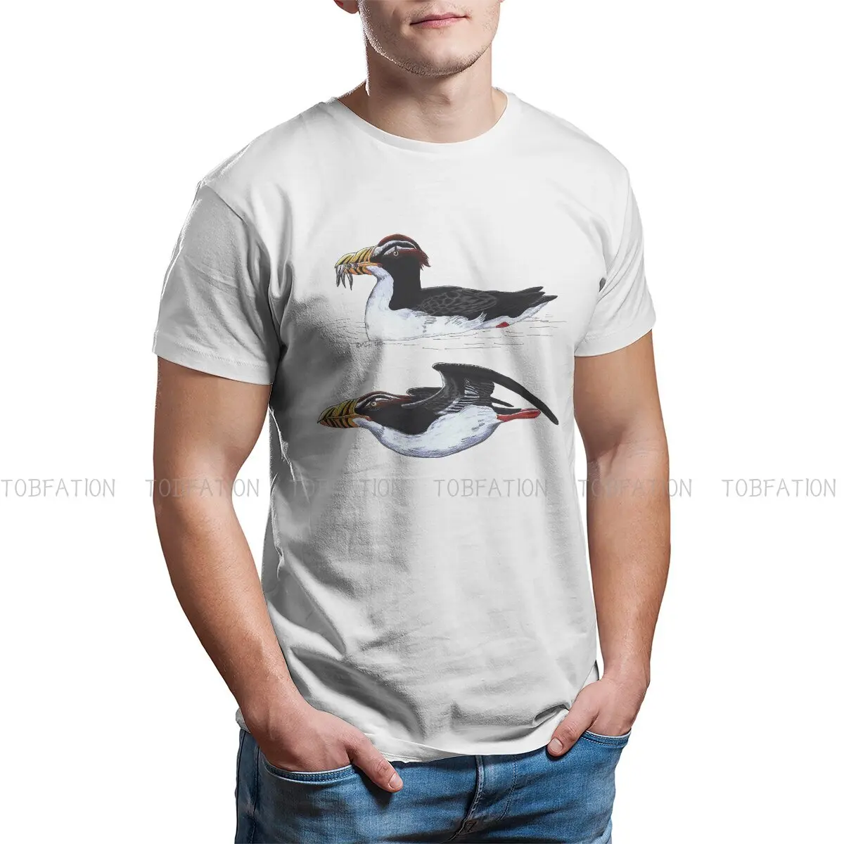 Smile Bird  Round Collar TShirt Tufted Puffins Lunda Cirrhata A Rare Ornamental Bird Pure Cotton Classic T Shirt Man's Clothes