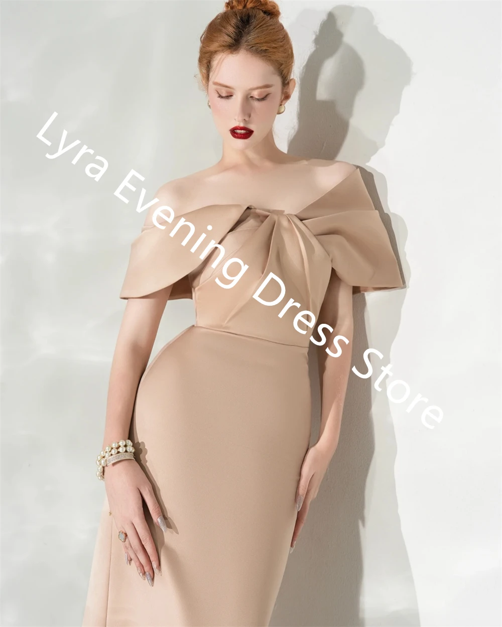 فستان سهرة من الساتان الكاكي مخصص على الموضة حورية البحر قبالة الكتف بدون أكمام فساتين المشاهير فستان الحفلات الناعمة