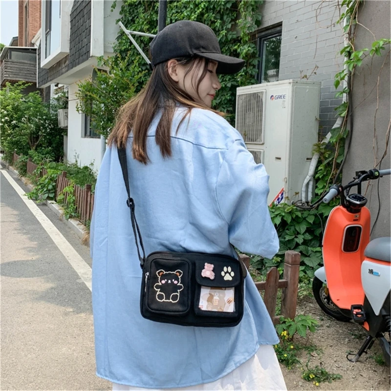 Bolso cruzado con bordado de oso, bandolera de lona con estilo, cuadrado, ideal para estudiantes, adolescentes y niñas