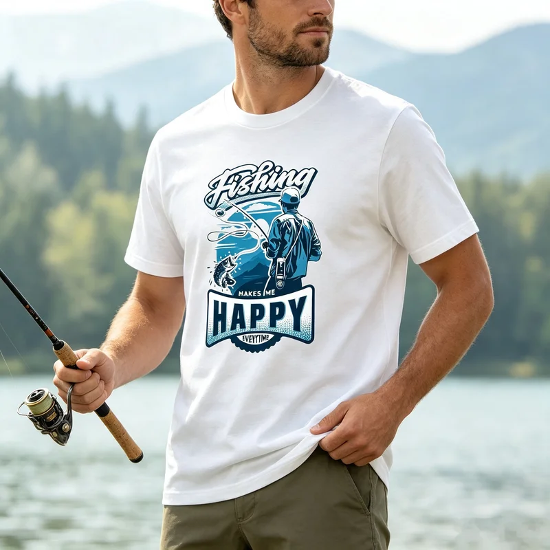 Fishing Makes Me Happy Graphic T Shirt  Fisherman Outdoor Camping  Tee for Men Outdoor Camping Street Daily Wear Y2k Top