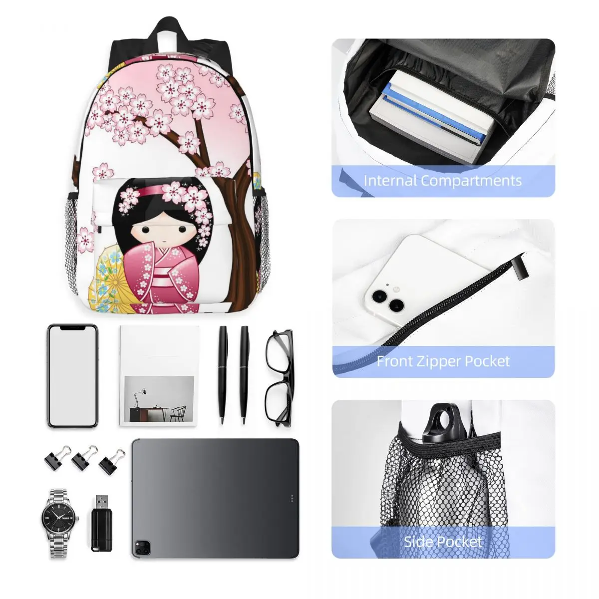 Japanese Red Sakura Kokeshi Doll Backpack Hot Sale Daypack Large Capacity Boy Girl BookBag Shoulder Bag for Men Women School Bag